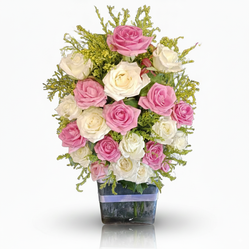 White & Rose Roses in Vase | Code 133