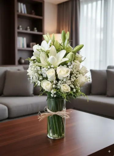 [135] White Roses & Lilies in Glass Vase | Code 135